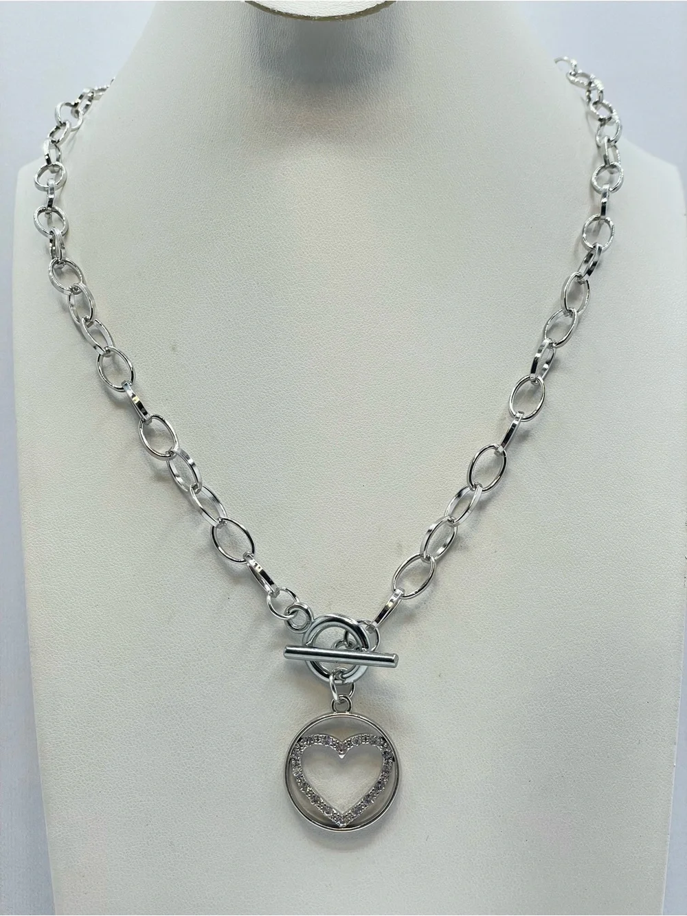 Silver Tone Crystal Heart Toggle Necklace Romantic Glam Statement